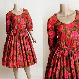 Vintage 1950s 1960s Red Rose Print Cotton Day Dress Mid Century 50s 60s Floral